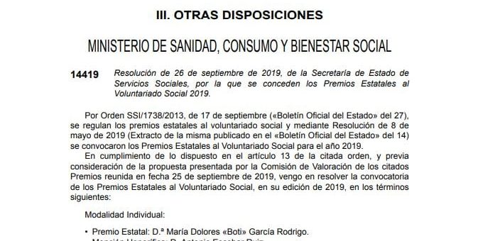 MENCIÓN HONORÍFICA EN PREMIOS ESTATALES DE VOLUNTARIADO A ANTONIO ESCOBAR